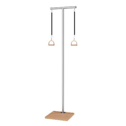 Pedi Pole MetaLife com base em madeira e estrutura metálica vertical, equipada com alças suspensas para treinos de Pilates.